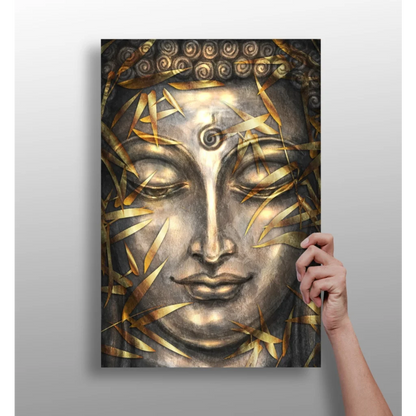 Stunning metallic Buddha insigne aluminum print with bamboo leaves