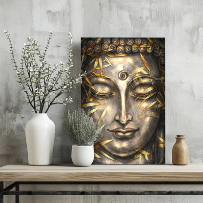 Stunning metallic Buddha insigne aluminum print with golden silver portrait and bamboo leaves
