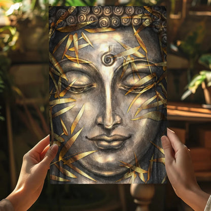 Stunning metallic Buddha insigne aluminum print with golden bamboo and silver finish