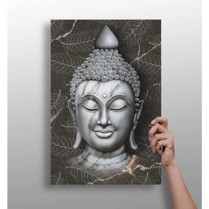 Stunning silver Buddha insigne aluminum print with textured details