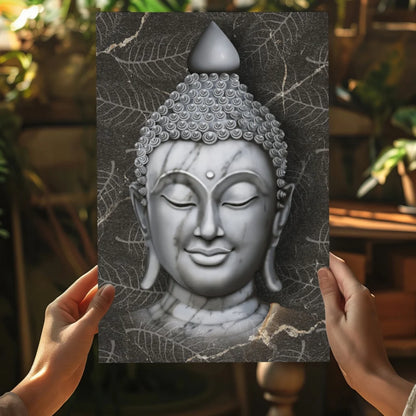Serene silver Buddha insigne aluminum print on dark gray leaf background