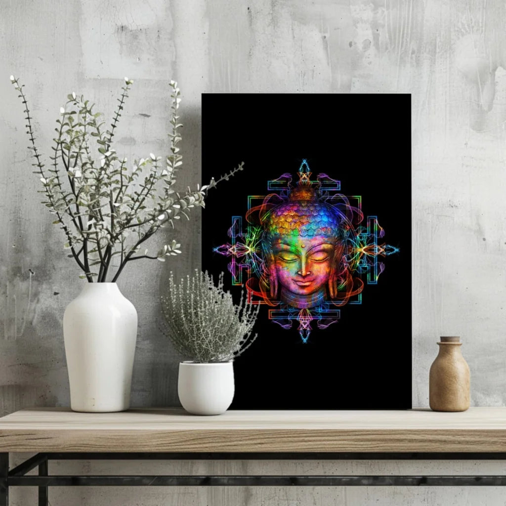 Vibrant rainbow Buddha insigne aluminum print wall art poster