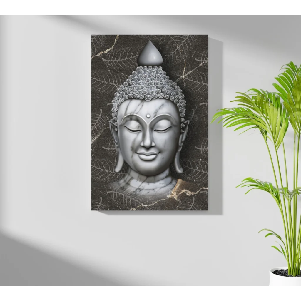 Gray Buddha head on insigne aluminum print with intricate hair details