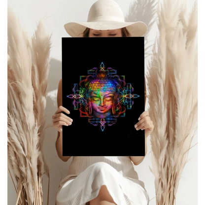 Vibrant rainbow Buddha head on black canvas insigne aluminum print