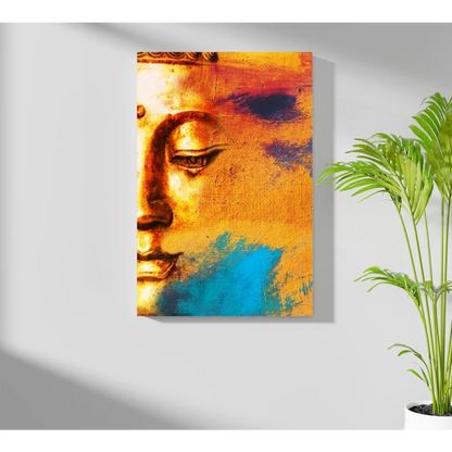 Golden Buddha face on vibrant insigne aluminum prints with textured orange, blue, purple brushstrokes