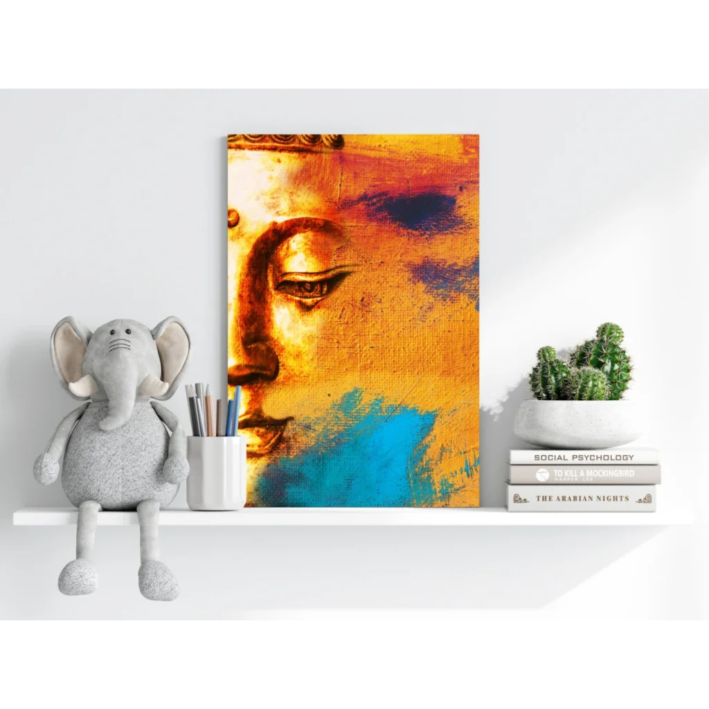 Vibrant Buddha insigne aluminum print with golden hues and blue accents