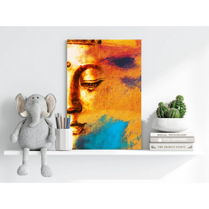 Vibrant Buddha insigne aluminum print with golden hues and blue accents