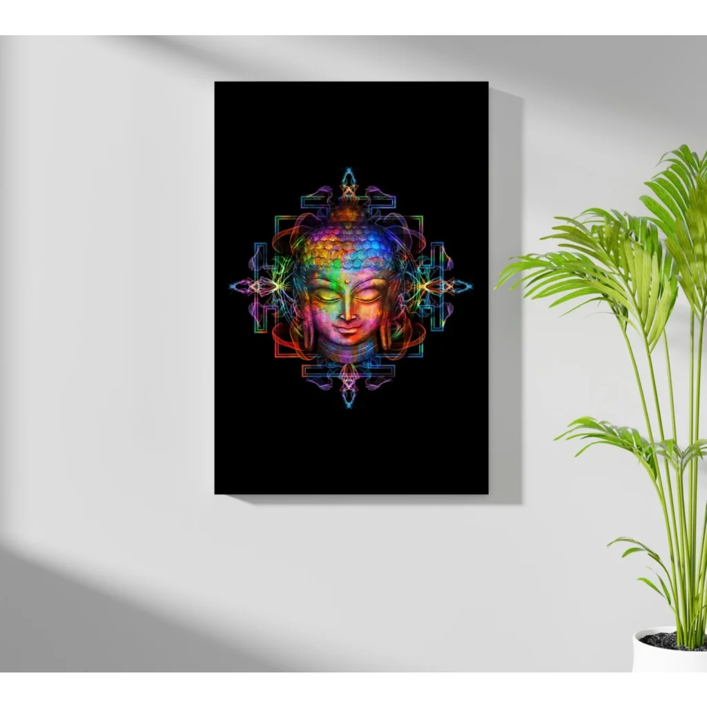 Vibrant rainbow Buddha insigne aluminum prints with geometric patterns