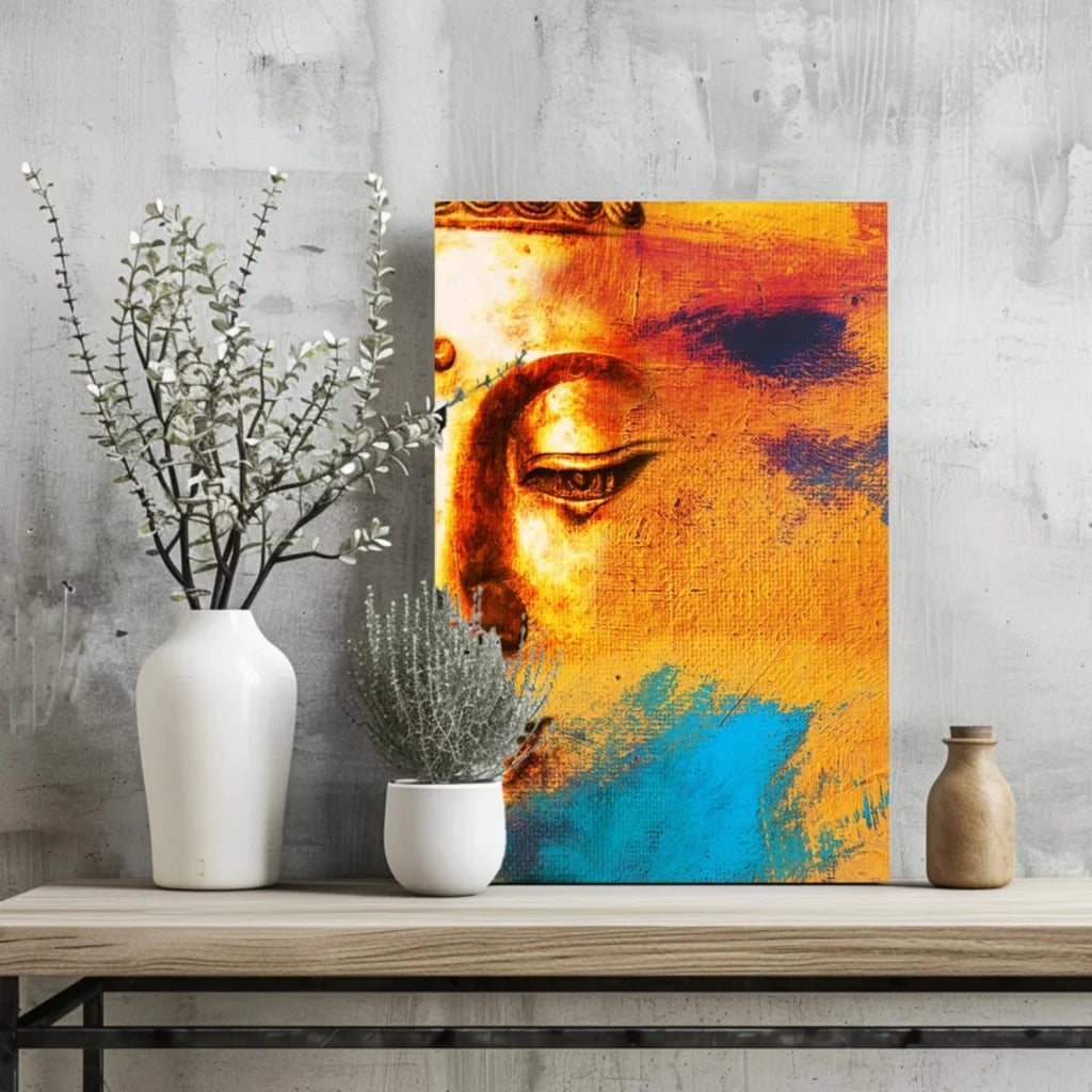 Vibrant Buddha insigne aluminum print with serene face in gold, orange, blue hues
