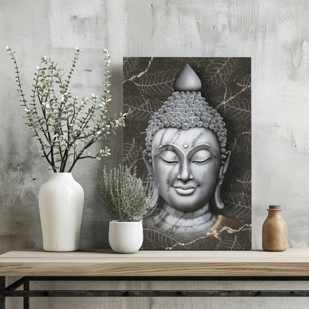 Serene silver Buddha insigne aluminum print with intricate head details