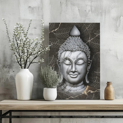 Serene silver Buddha insigne aluminum print with intricate head details