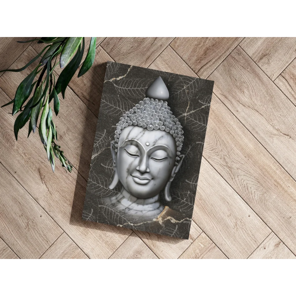 Stunning silver Buddha head on insigne aluminum print with marble background