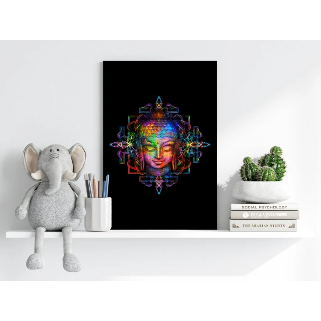 Vibrant rainbow Buddha insigne aluminum print with mandala patterns