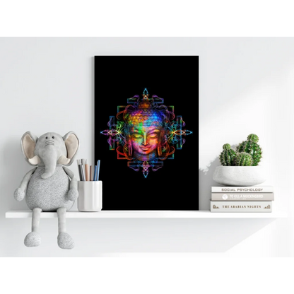 Vibrant rainbow Buddha insigne aluminum print with mandala patterns