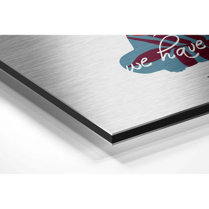 Stylized teal maroon airplane on brushed aluminium dibond print