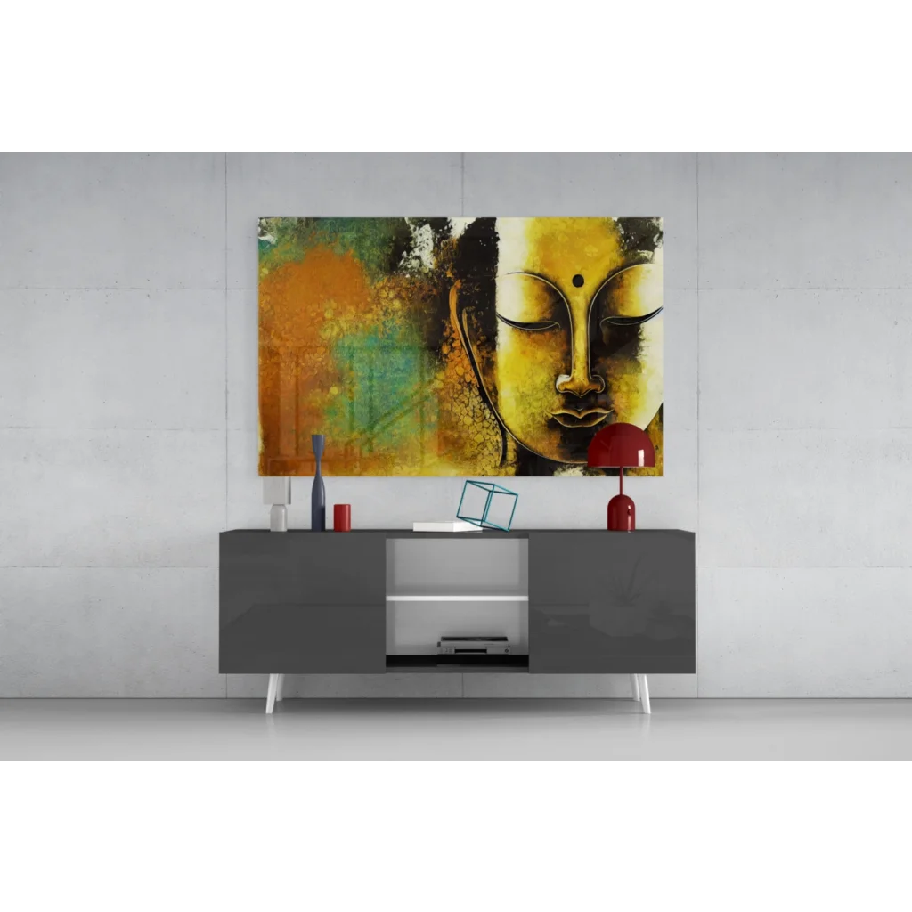 Serene golden Buddha glass wall art with abstract orange green brushstrokes