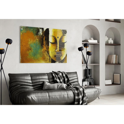 Serene golden Buddha glass wall art with abstract orange green brushstrokes