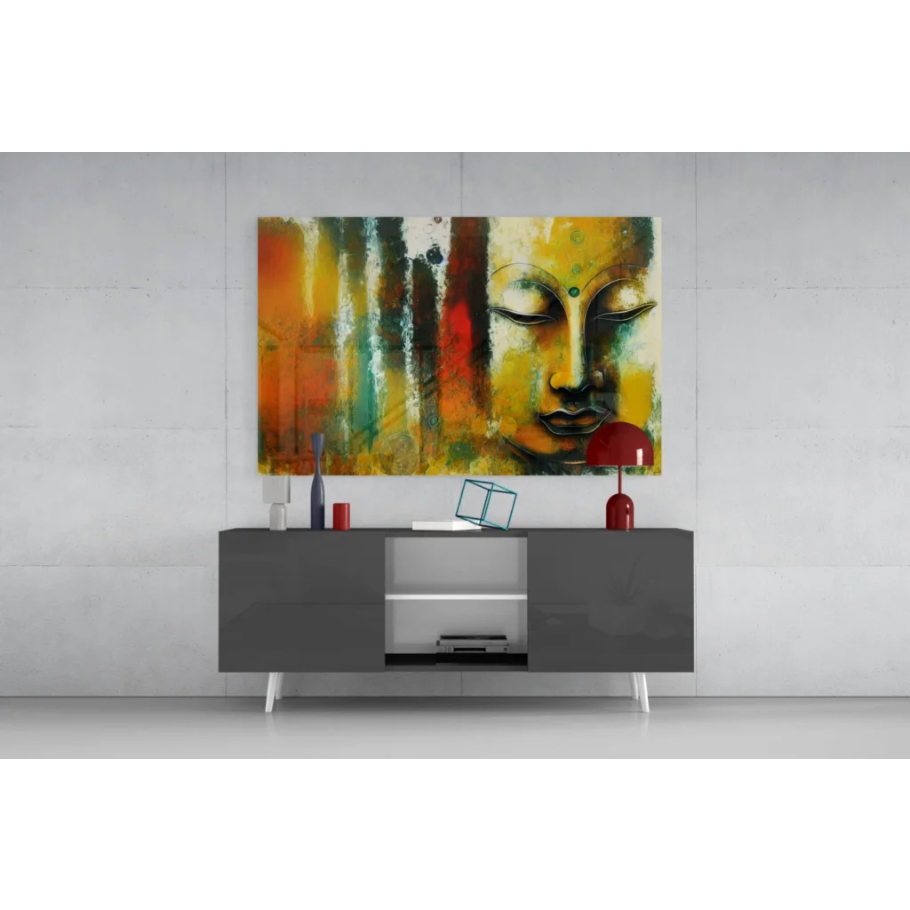 Vibrant abstract Buddha glass wall art in bold orange, yellow, green, red
