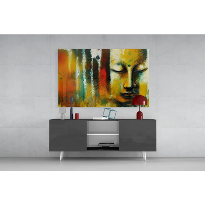 Vibrant abstract Buddha glass wall art in bold orange, yellow, green, red