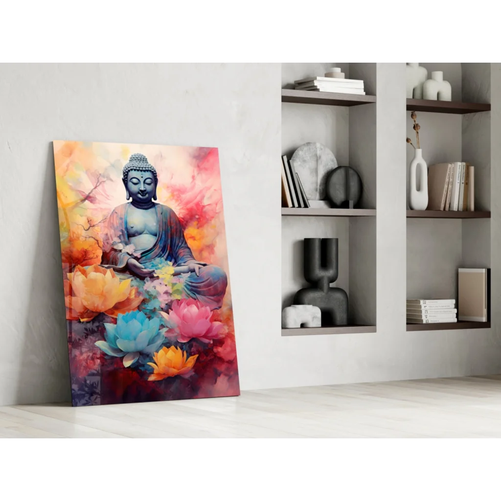 Serene Buddha in colorful watercolor lotus wall art canvas print