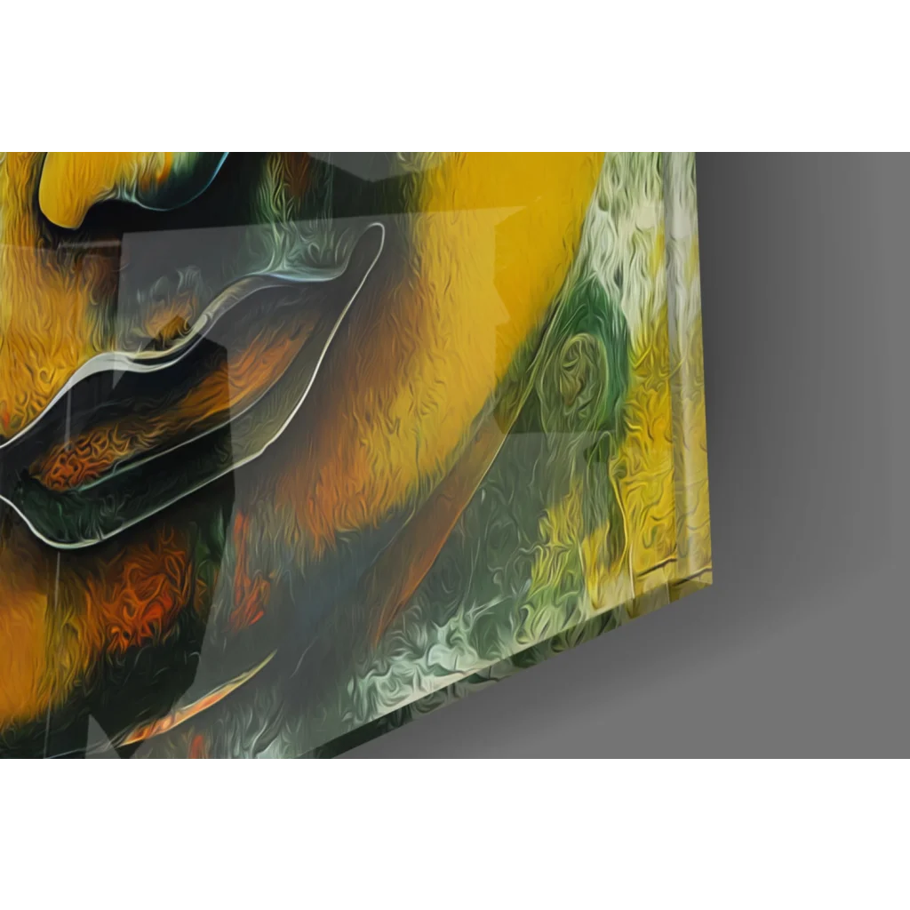 Serene Buddha glass wall art in vibrant swirling yellow, green, orange hues