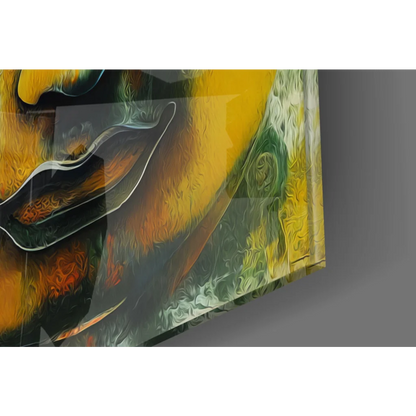 Serene Buddha glass wall art in vibrant swirling yellow, green, orange hues