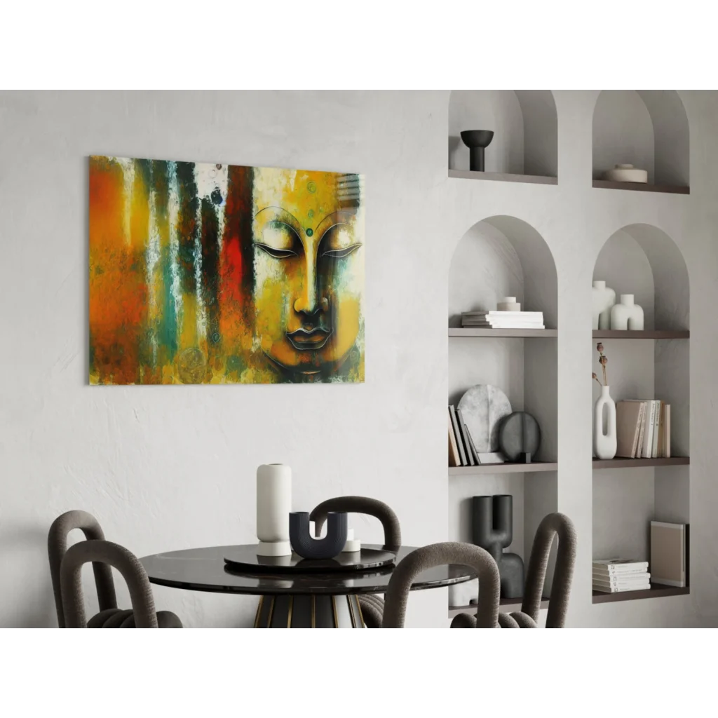 Vibrant abstract Buddha face glass wall art in orange, yellow, green