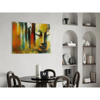 Vibrant abstract Buddha face glass wall art in orange, yellow, green