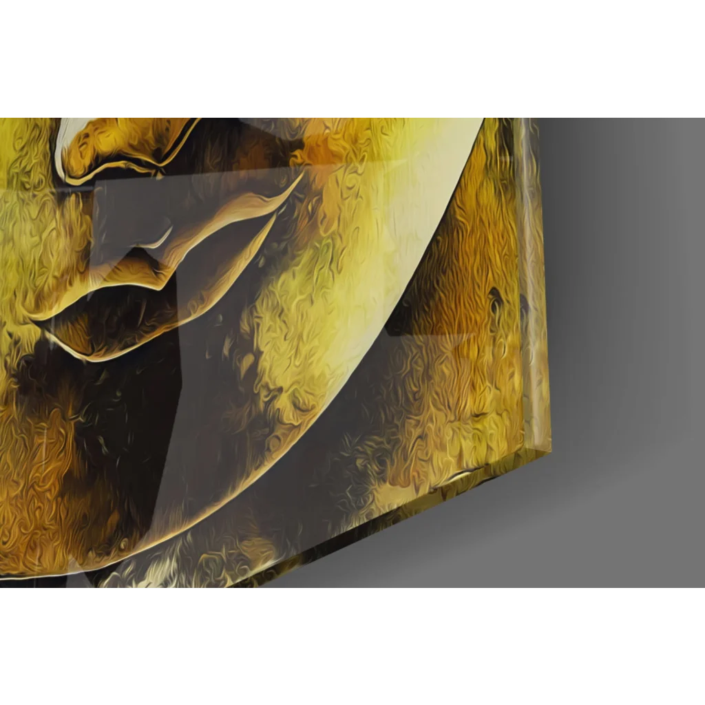 Golden Buddha glass wall art with abstract textured face brushstrokes