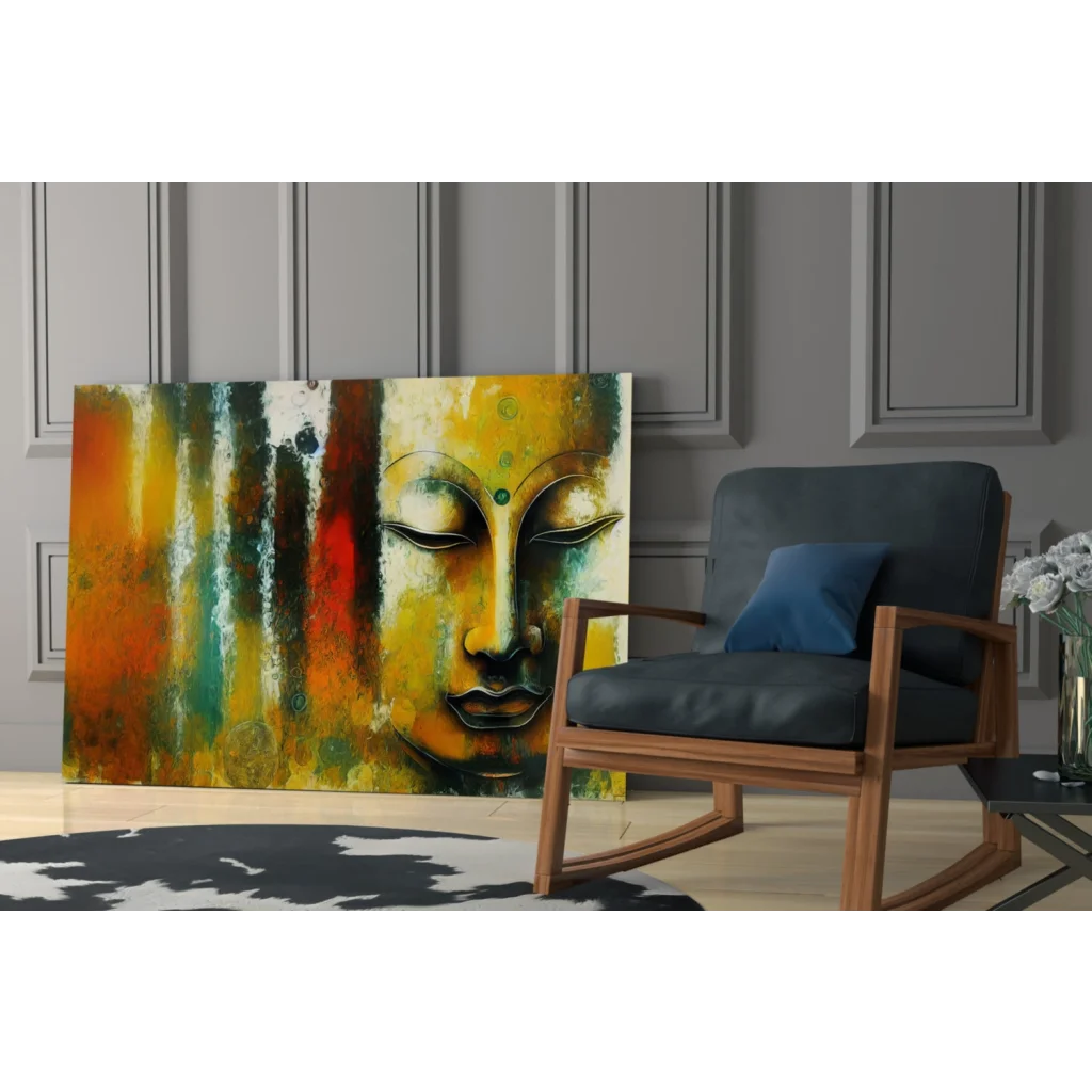 Vibrant abstract Buddha glass wall art in bold yellow orange hues