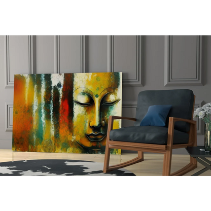 Vibrant abstract Buddha glass wall art in bold yellow orange hues