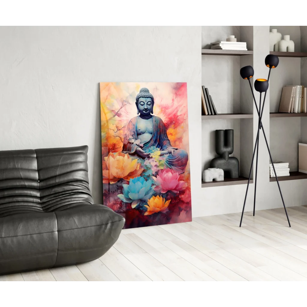 Serene blue Buddha in pink, orange, teal lotus watercolor wall art canvas print