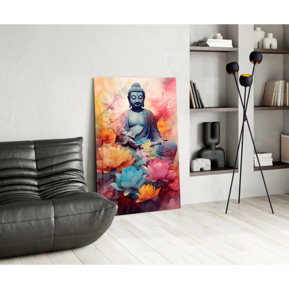 Serene blue Buddha in pink, orange, teal lotus watercolor wall art canvas print