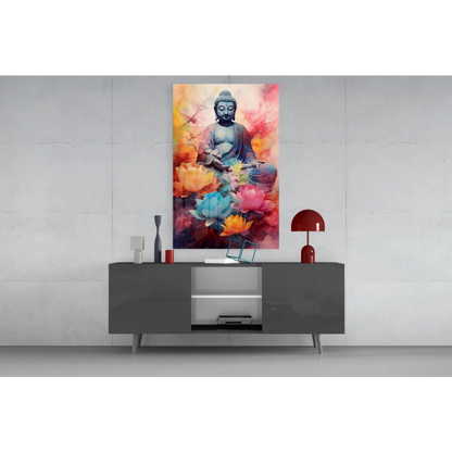 Serene Buddha with pink, orange, blue lotus flowers in vibrant wall art canvas print