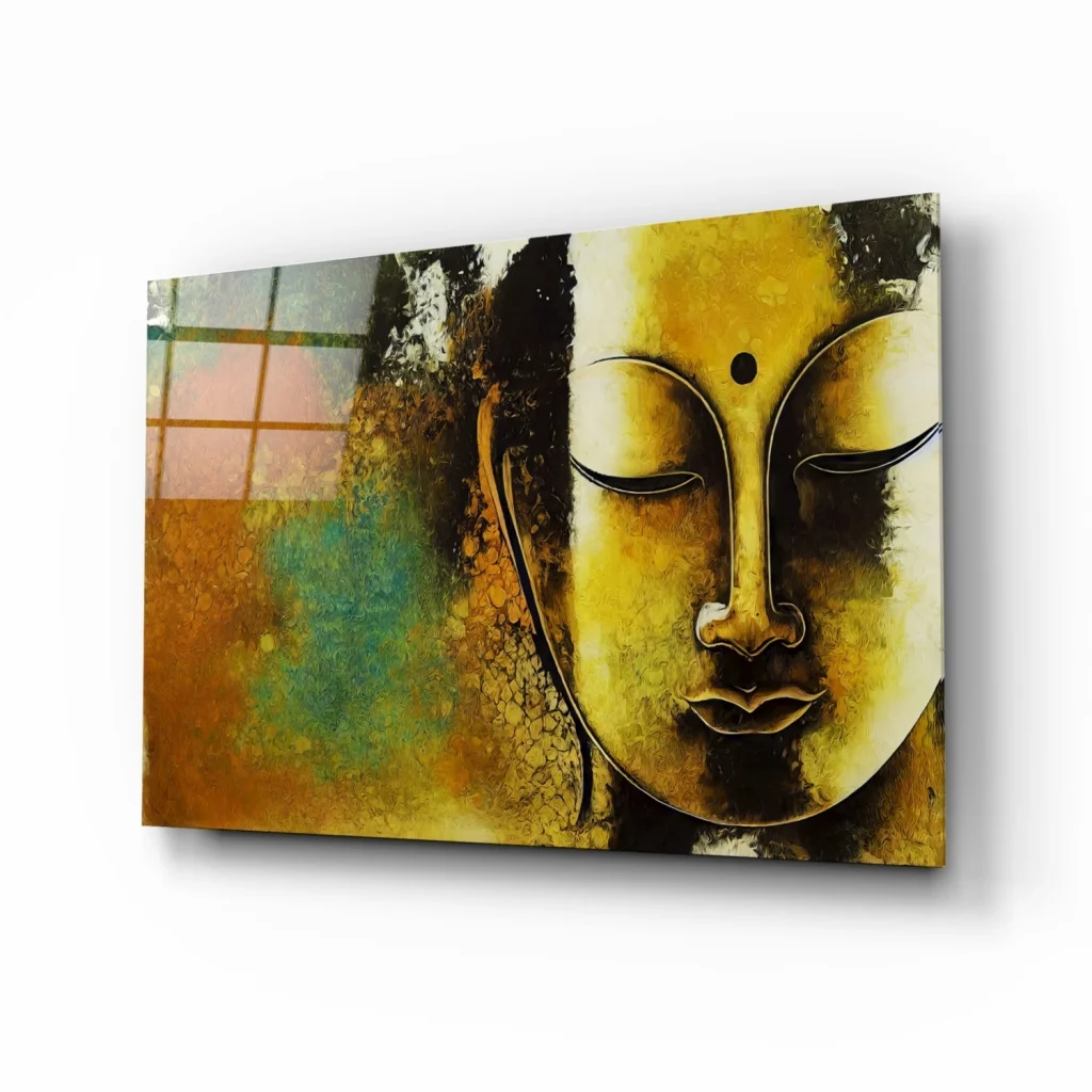 Golden Buddha glass wall art with abstract brushstrokes