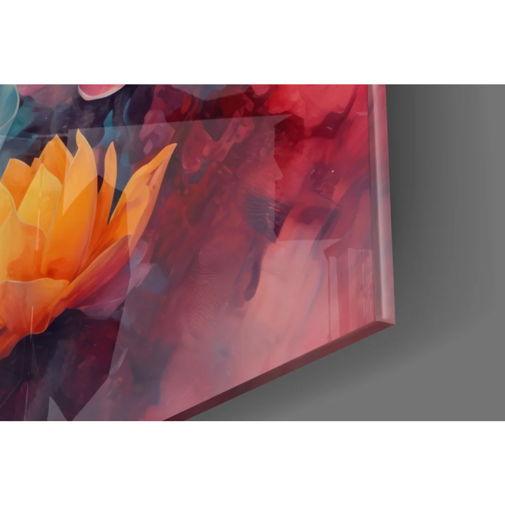 Vibrant orange lotus on glossy glass wall art panel with red purple abstract background