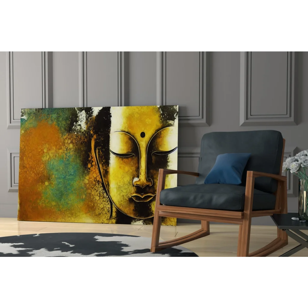 Golden Buddha glass wall art with abstract green orange brushstrokes