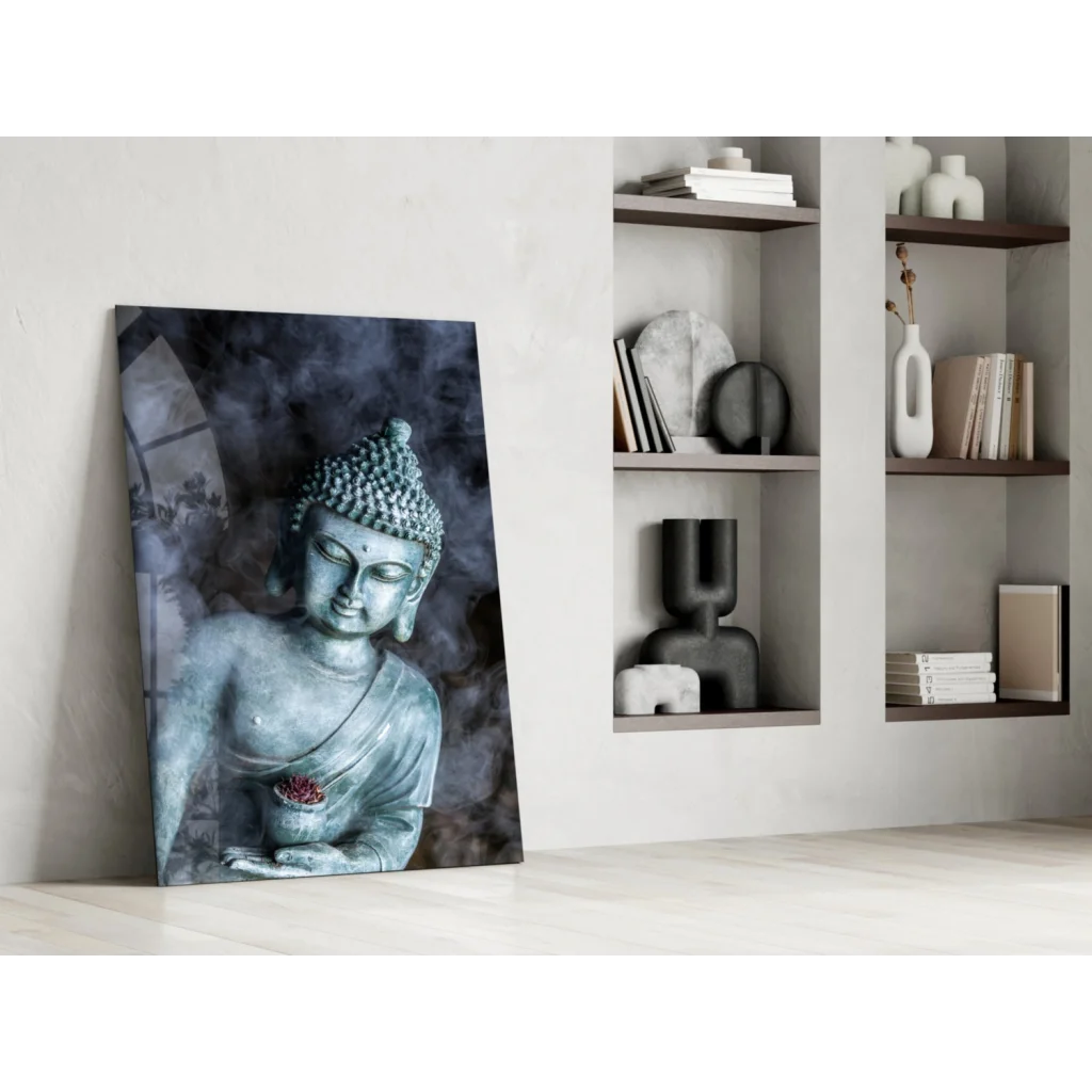 Serene teal Buddha glass wall art with lotus details and floral accent