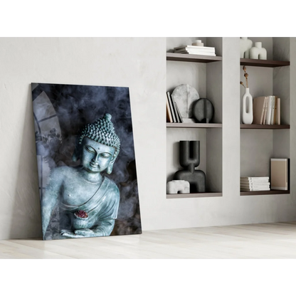 Serene teal Buddha glass wall art with lotus details and floral accent