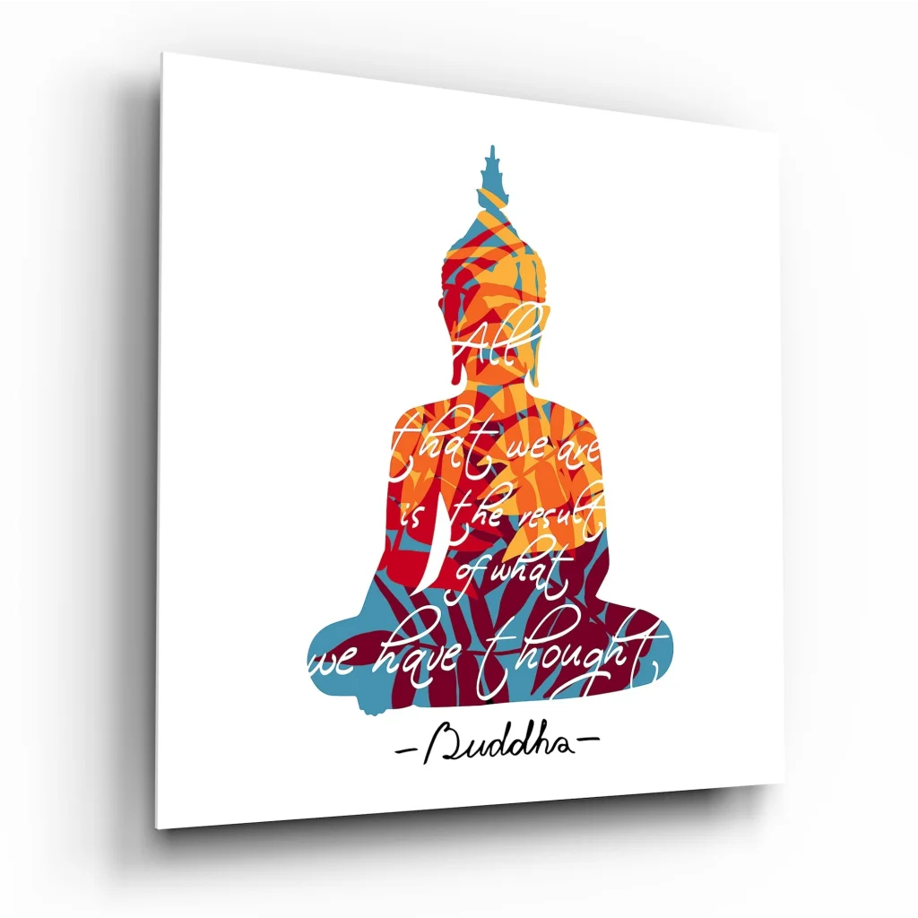 Vibrant Buddha tempered glass art with inspirational quote on white background