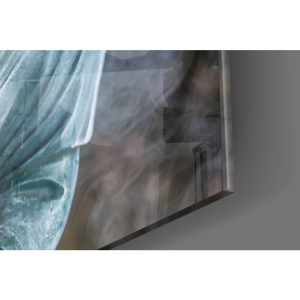 Stunning Buddha glass wall art with teal fabric overlay and lotus details