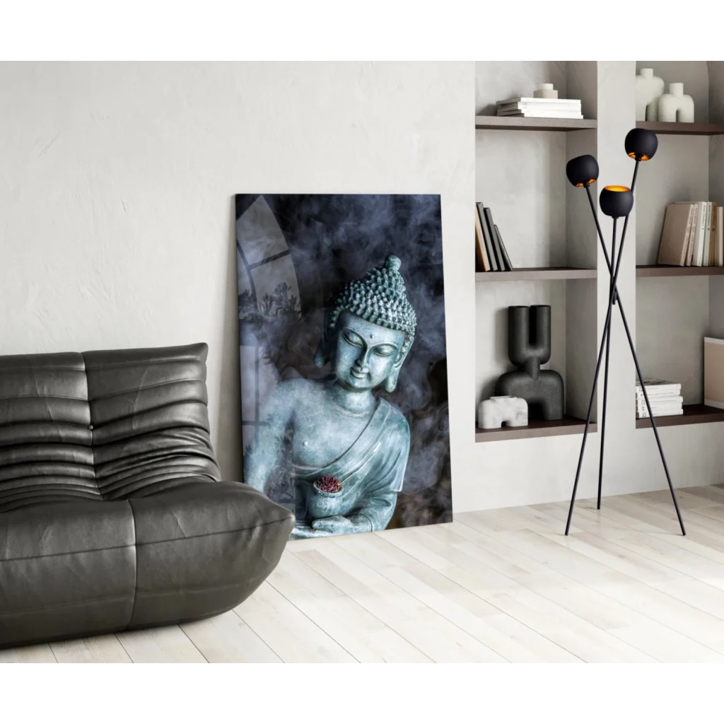 Serene teal Buddha glass wall art with lotus details and misty background