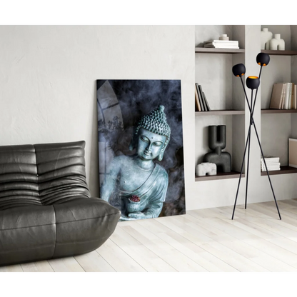 Serene teal Buddha glass wall art with lotus details and misty background