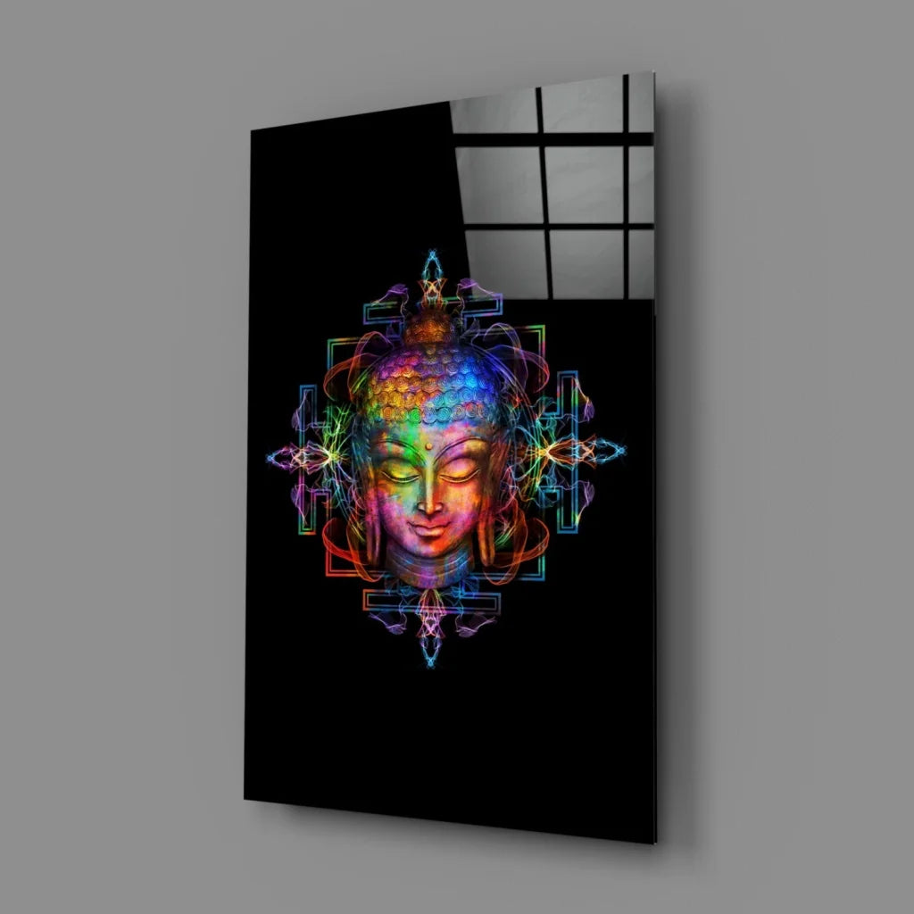Rainbow Buddha Glass Wall Art with Geometric Mandala Design | Glass Wall Art Print | vintageantiquesgifts.com