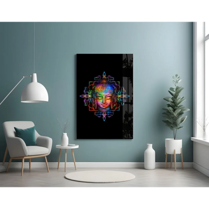 Rainbow Buddha Glass Wall Art with Geometric Mandala Design | Contemporary Home Wall Art | vintageantiquesgifts.com