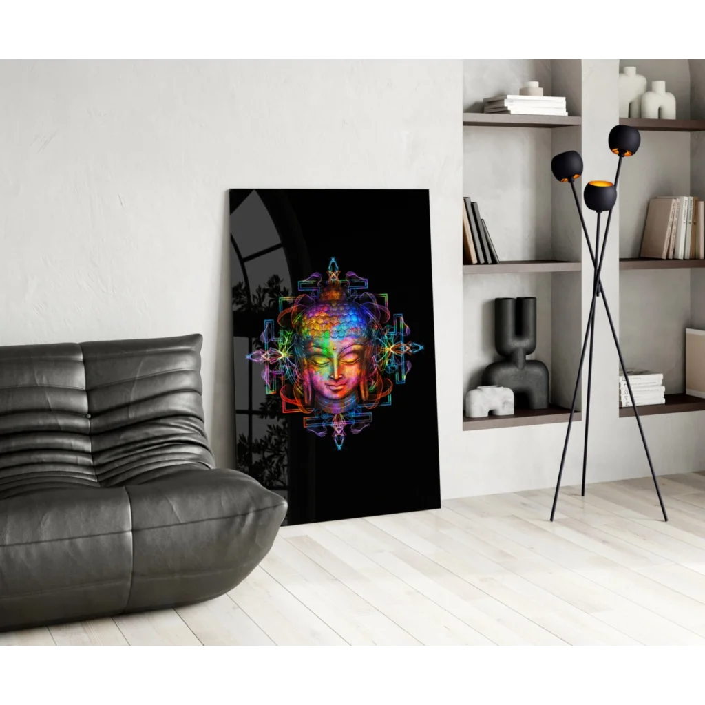 Vibrant rainbow Buddha glass wall art with geometric mandala design