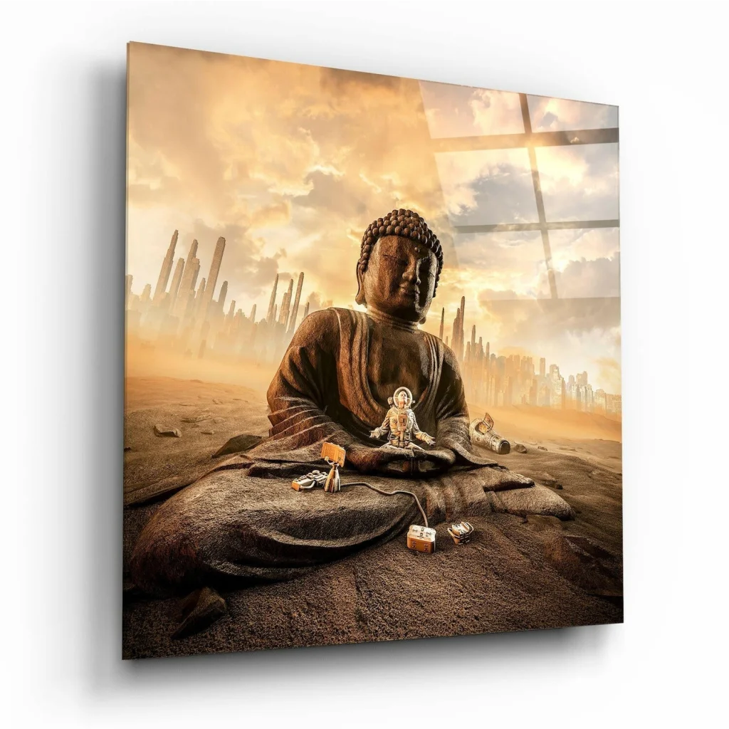 Serene bronze Buddha glass wall art with desert city skyline
