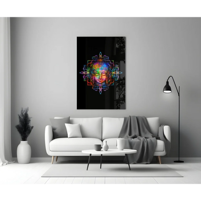 Rainbow Buddha Glass Wall Art with Geometric Mandala Design | Modern Wall Art Decor | vintageantiquesgifts.com