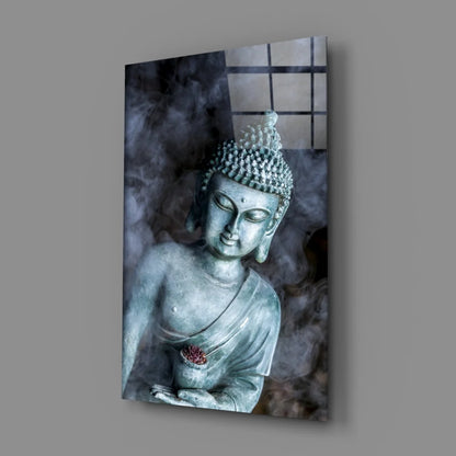Serene silver Buddha glass wall art with lotus details and red flowers