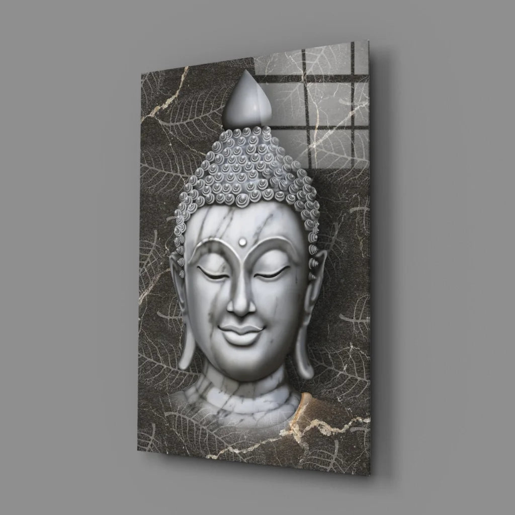 Stunning silver Buddha head on dark leafy glass wall art canvas